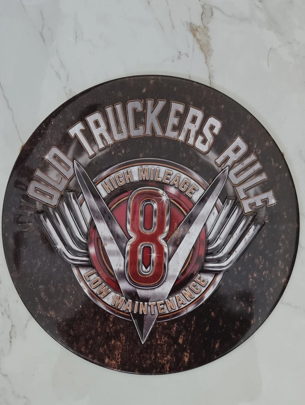 Old Truckers Rule Round Wall Plaque - Brown & Red